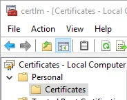 Certificates console displaying the Personal certificate store under Local Computer.