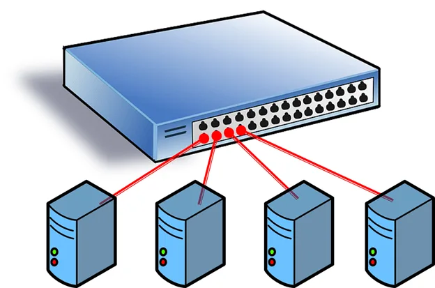 Diagram showing a physical Ethernet switch connecting multiple servers on the same network.