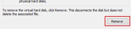 Hyper-V virtual machine settings showing the Remove option for a virtual hard disk.
