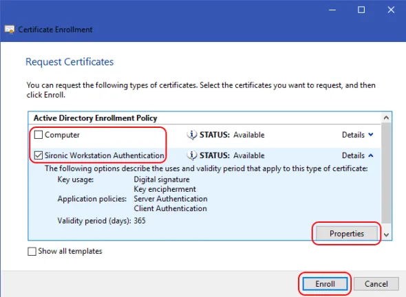 Certificate Enrollment wizard showing available certificate templates before enrollment.