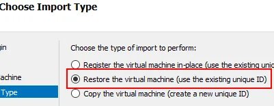 Hyper-V Import Virtual Machine Wizard with the Restore the virtual machine option selected.