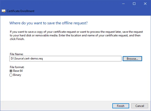 Certificate Enrollment wizard saving a certificate signing request (CSR) to a file.