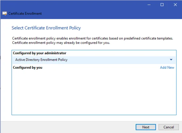 Certificate Enrollment wizard displaying the Active Directory Enrollment Policy.