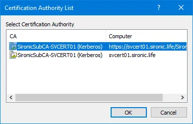 Certificate Authority selection dialog listing available Windows Certificate Authority servers.