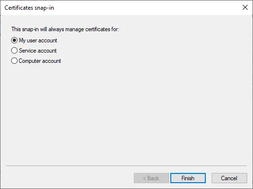 Certificates snap-in wizard prompting to manage certificates for the current user.