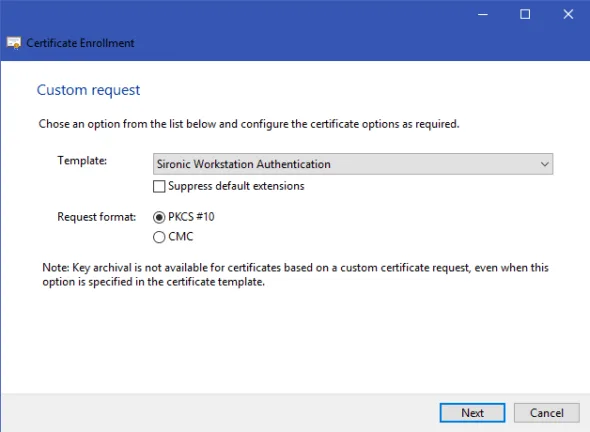 Certificate Enrollment wizard selecting a certificate template and PKCS #10 request format.