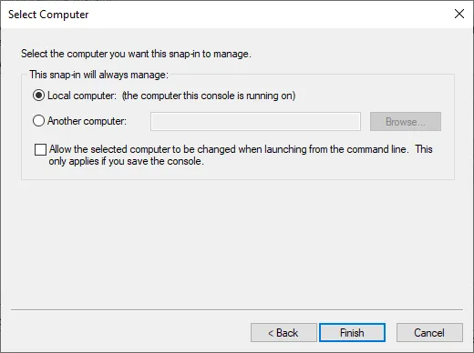 Certificates snap-in wizard configured to manage certificates for the local computer.