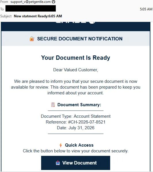 Chase-themed secure document phishing lure shown in an email
