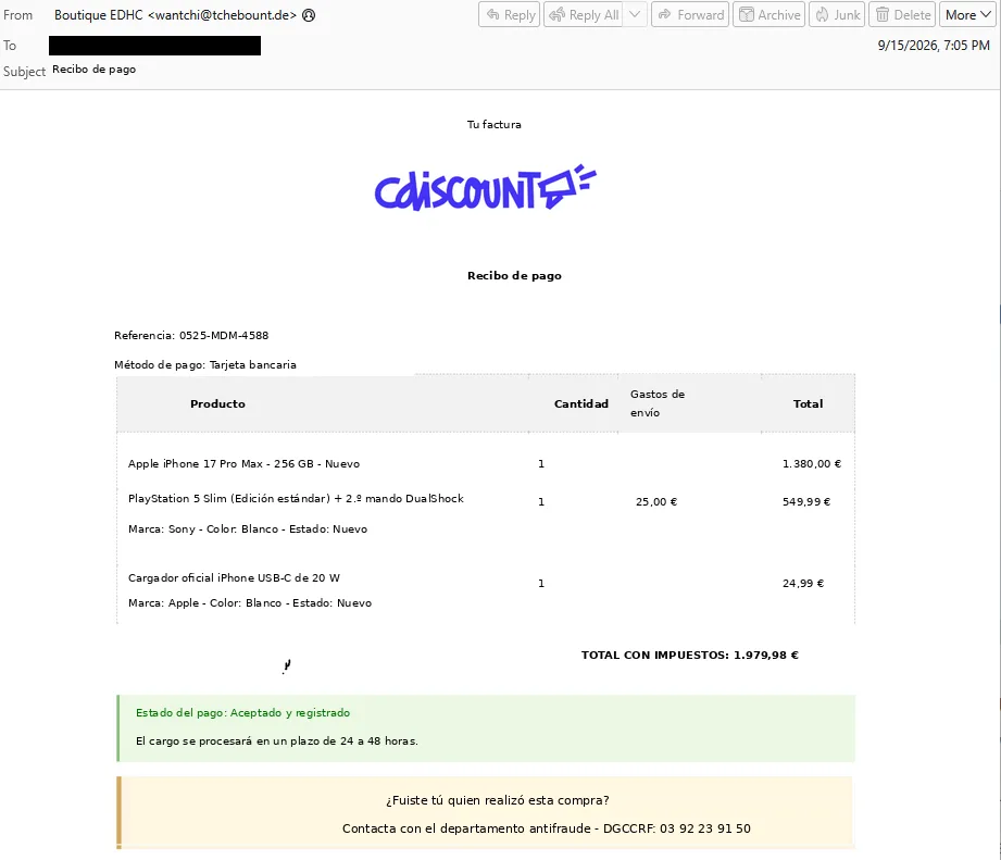 Suplantación de Cdiscount, septiembre de 2026