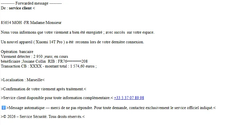 Usurpation d'identité de service client - septembre 2026