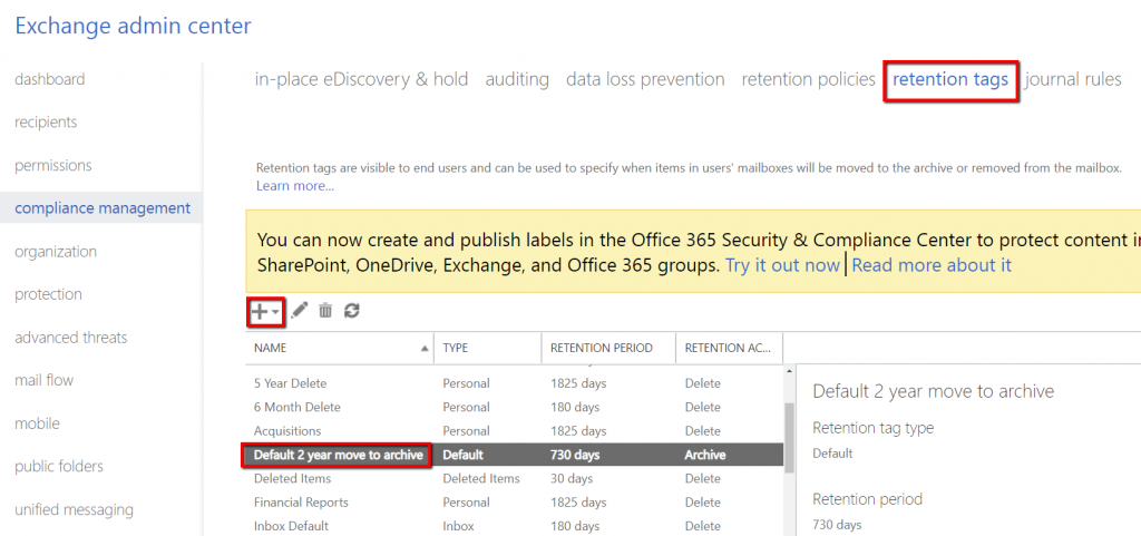 Exchange Retention tags default policies, Microsoft 365