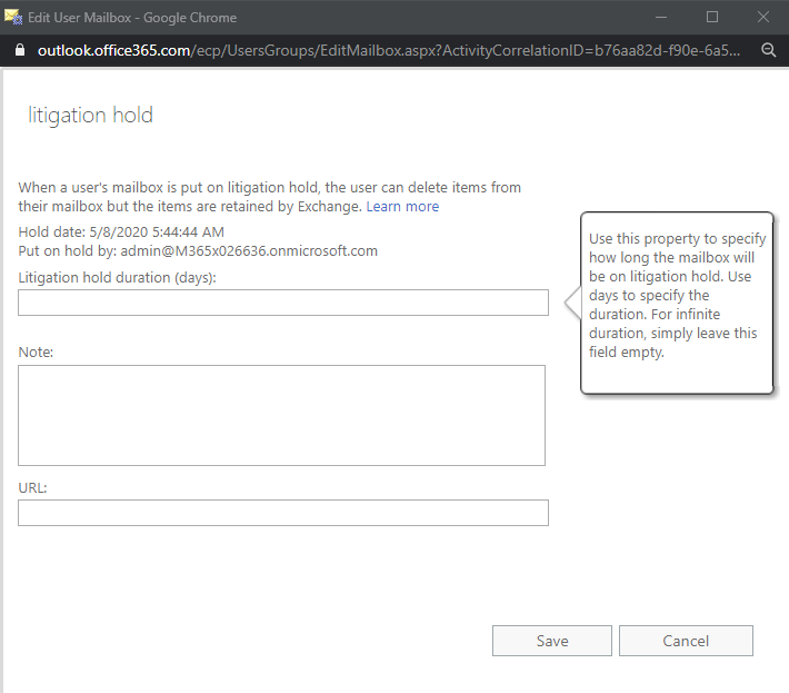 Litigation hold settings for a mailbox, Microsoft 365