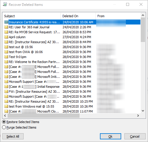 Recovering deleted items in Exchange Online, Microsoft 365
