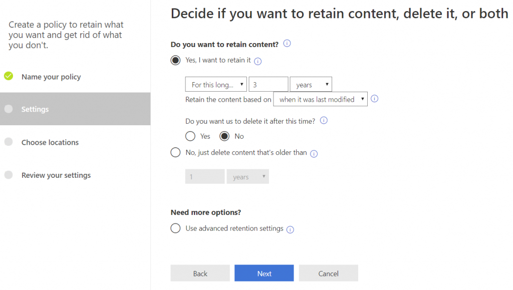 Retention settings in a policy, Microsoft 365