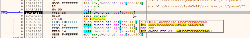 Shellcode de TrickBot creando un proceso cmd.exe con la orden pause