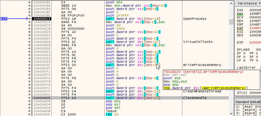 Inyección de shellcode de TrickBot en el proceso cmd.exe.