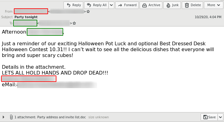 Emotet 2020 Halloween invitation malspam email example