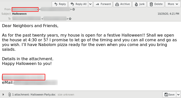 Emotet 2020 Halloween invitation malspam email example