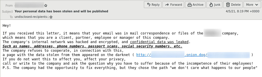 Clop email to victim customers and/or business partners