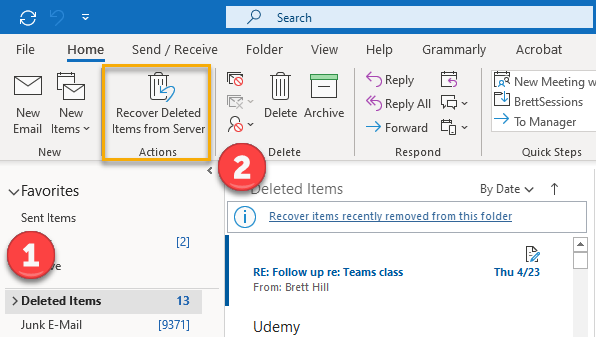 Recovering soft-deleted mail in Outlook
