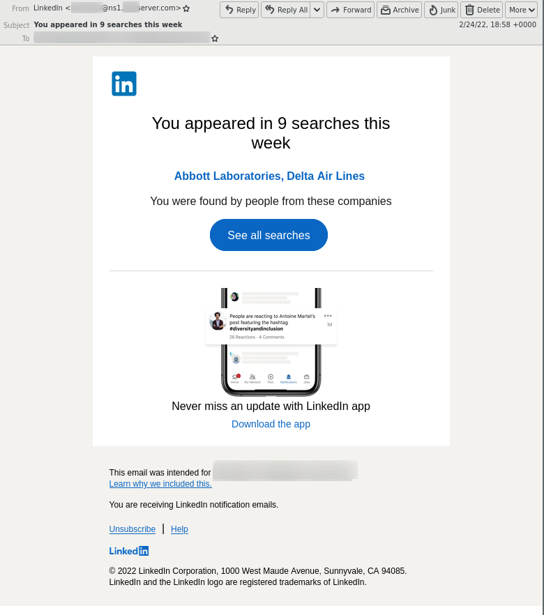 LinkedIn phishing email