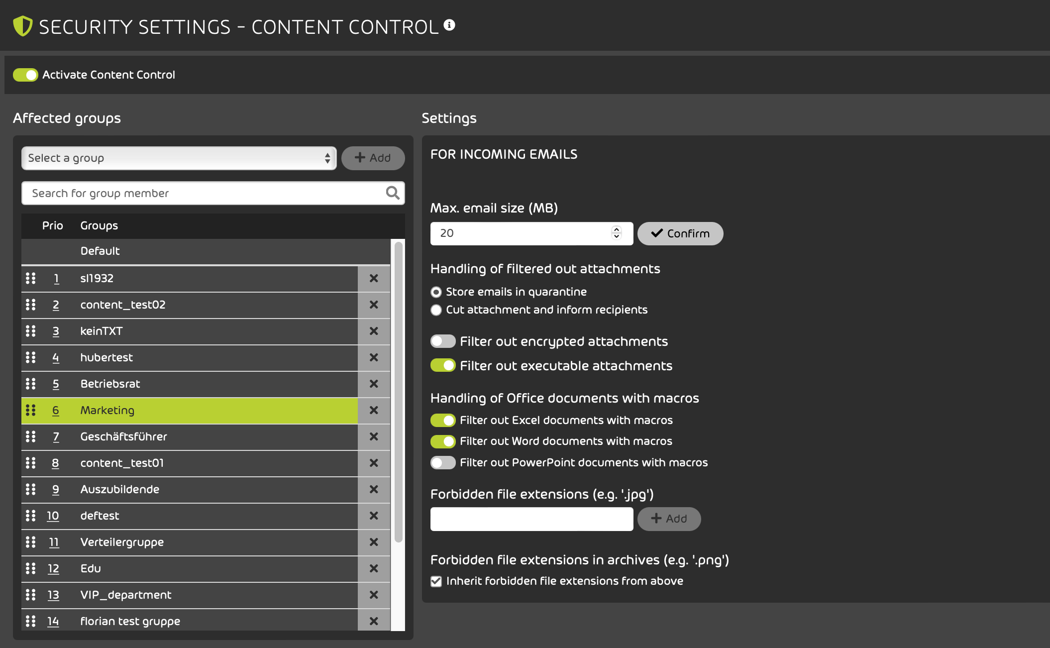 Content Control group settings