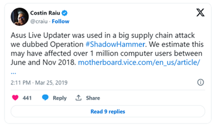 Tweet about Asus supply chain attack