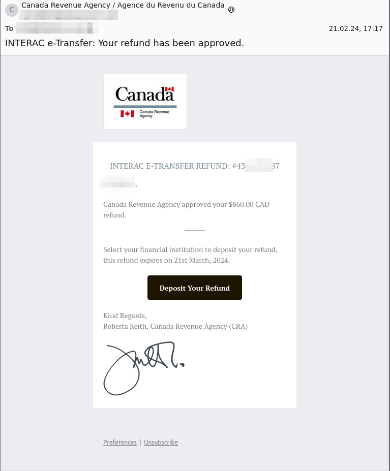 Canada Revenue Agency Agence du revenu du Canada - phishing