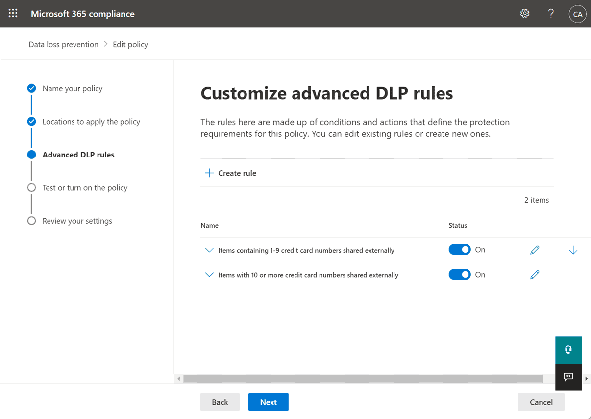 Default advanced rules contained in the Microsoft 365 DLP policy
