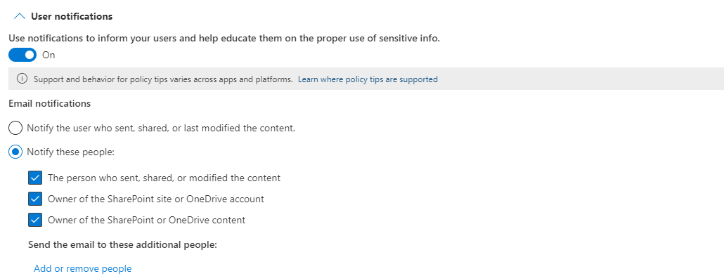Notification rules for the Microsoft DLP policy