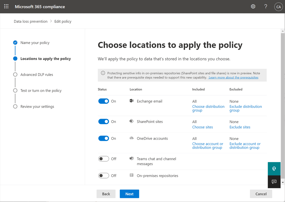 Services assigned to the default Microsoft 365 DLP policy
