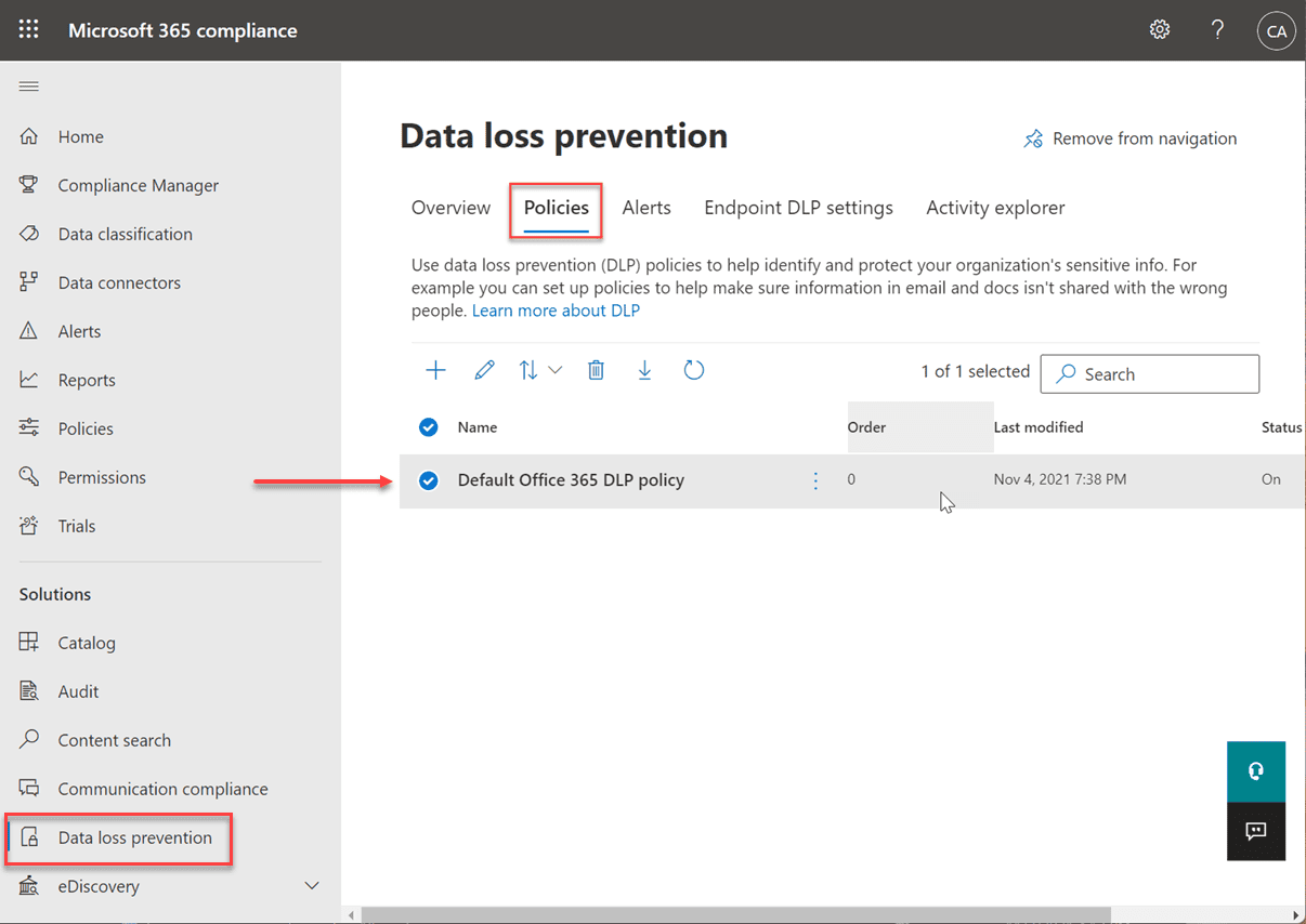 Viewing and editing the default Data Loss Prevention (DLP) policy in Microsoft Compliance Center