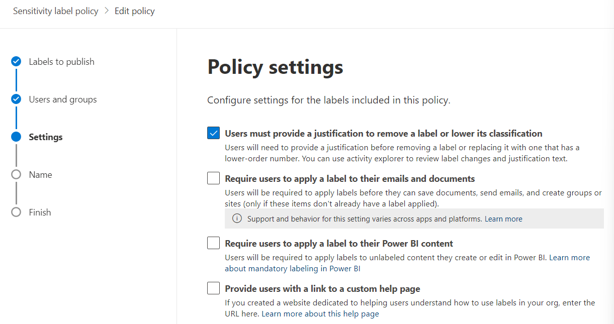 Policy settings for a Sensitivity label policy