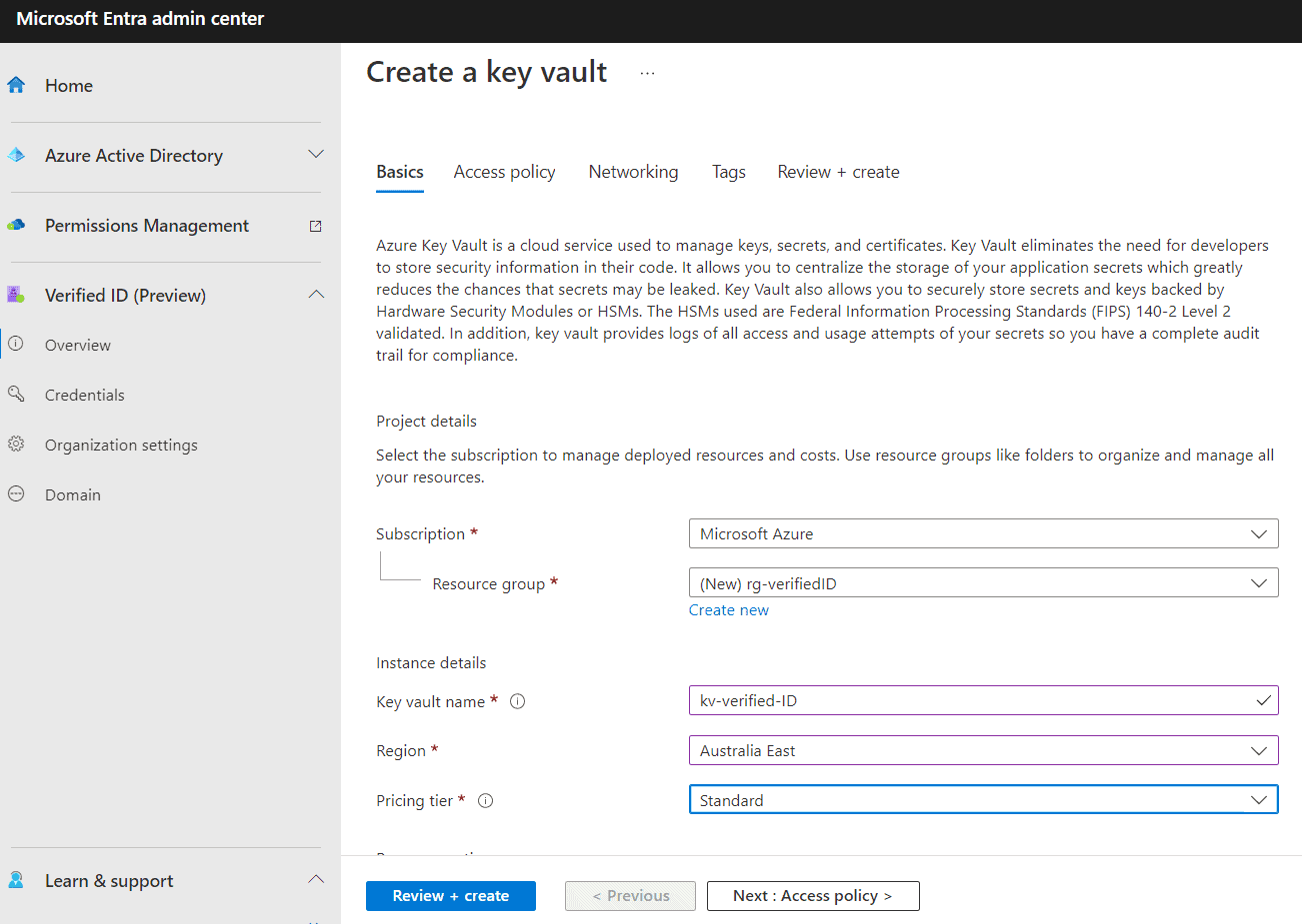 Create a key vault for verified ID